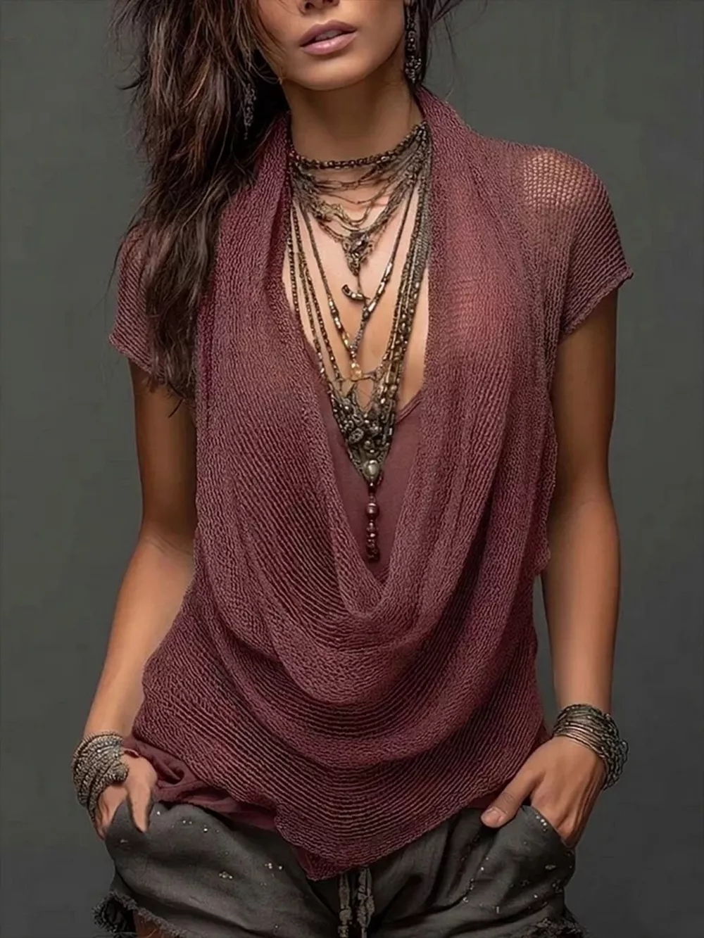 Full Size Scoop Neck Tank and Cowl Neck Cover Up Set Plus Size, image 9