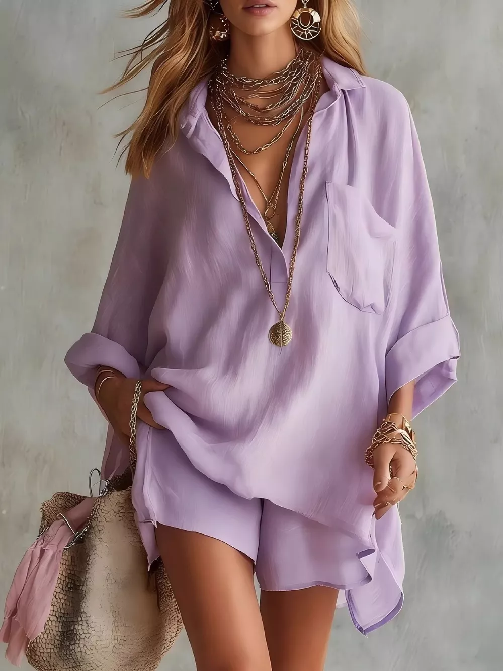 Full Size Half Button Shirt and Shorts Two-Piece Set Plus Size, image 9