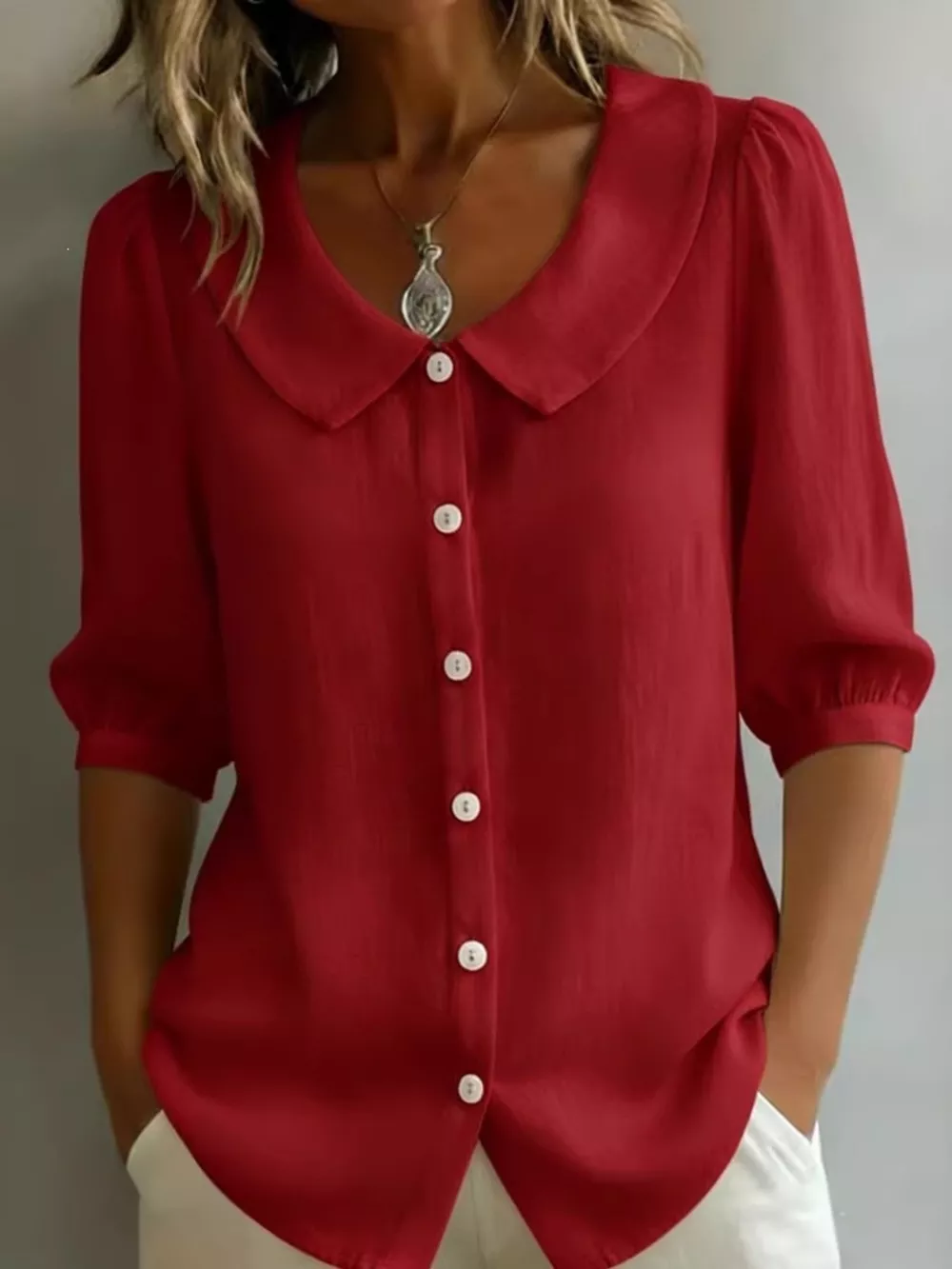 Full Size Peter Pan Collar Button-Down Shirt Plus Size, image 2