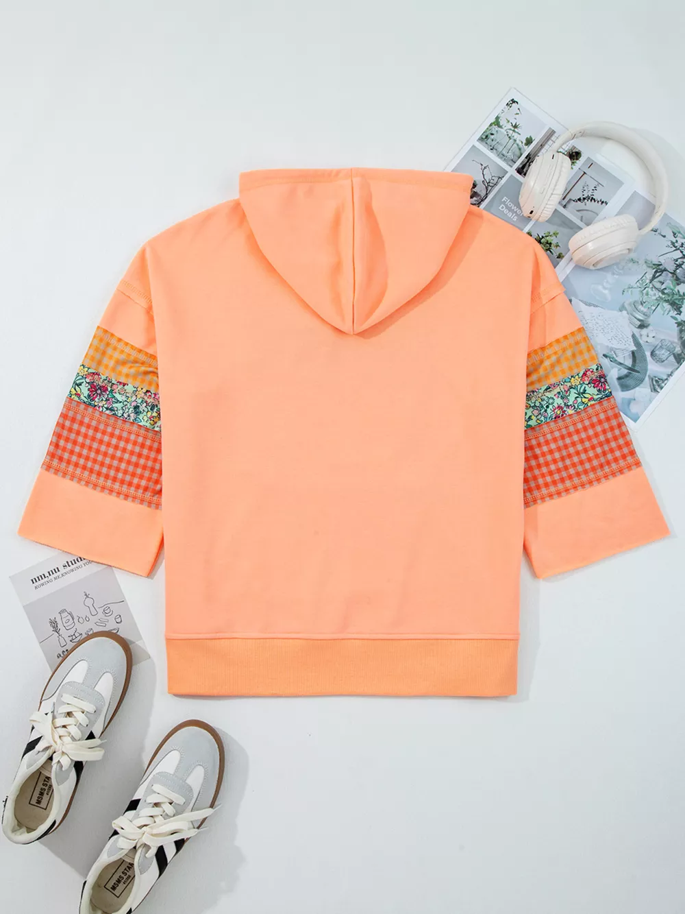 Plaid Floral Patchwork Kangaroo Pocket Hoodie, image 3
