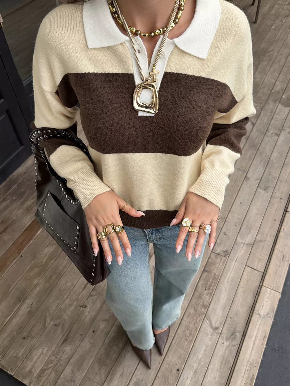 Color Block Polo Collar Knit Sweater, image 3