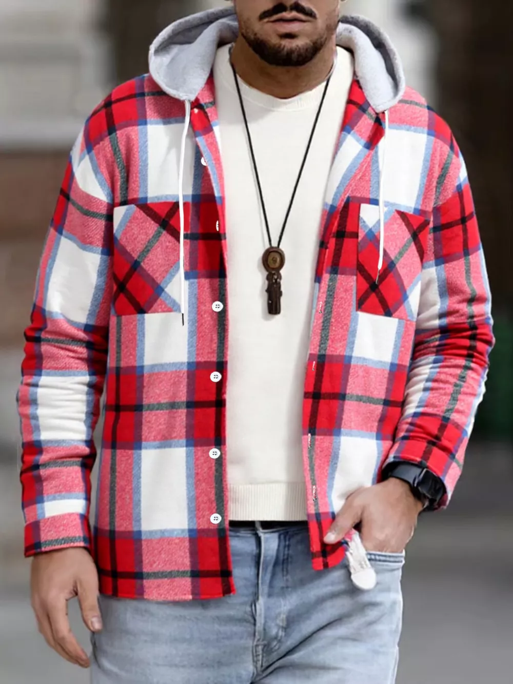 Men's Full Size Casual Plaid Hooded Shacket with Dual Chest Pockets Plus Size