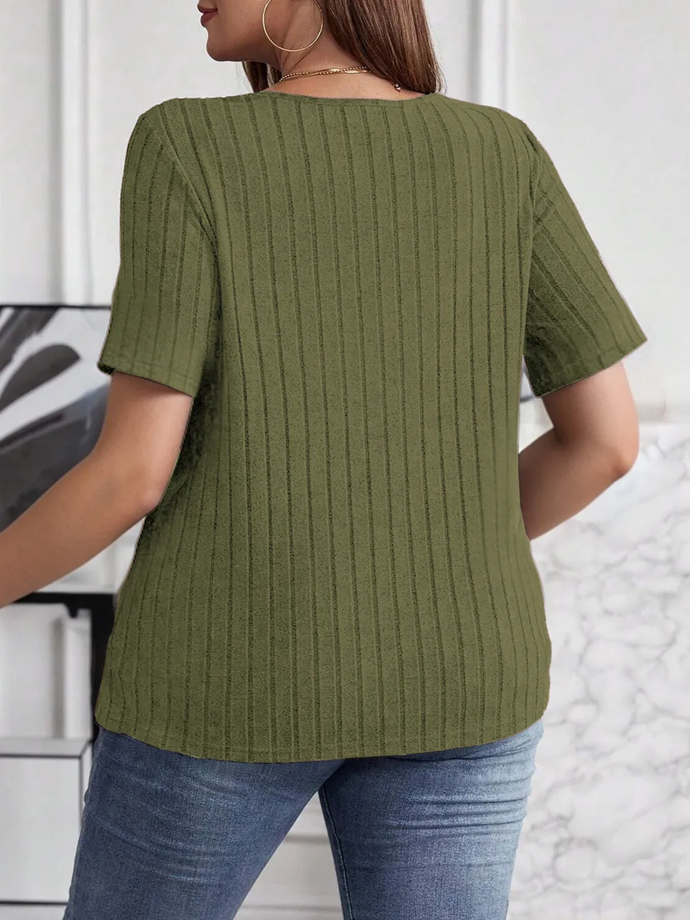 Plus Size V-Neck Short Sleeve Ribbed T-Shirt, image 3