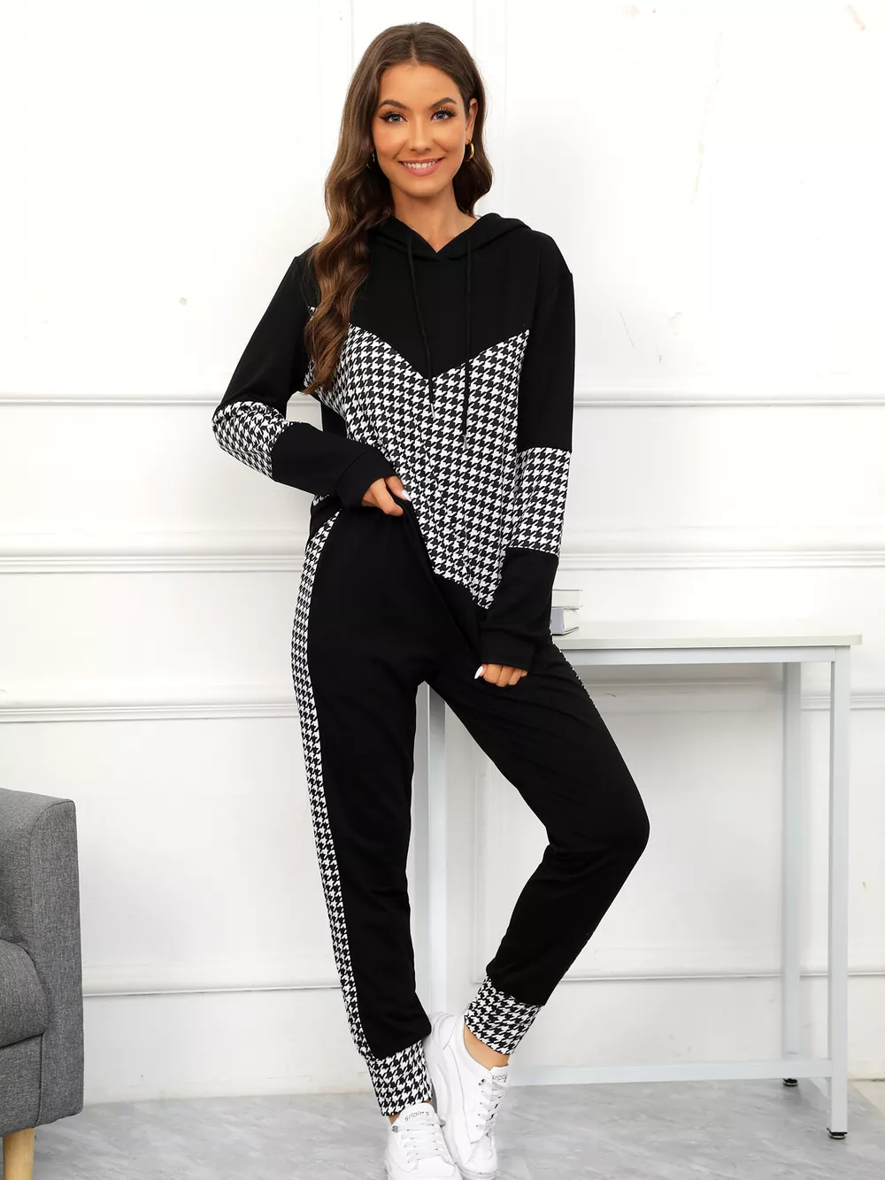 Houndstooth Drawstring Hoodie and Pants Se