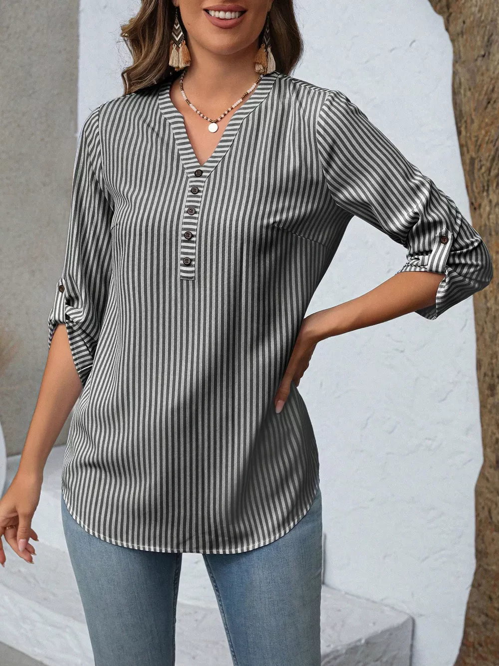 Striped V-Neck Roll-Up Sleeve Blouse, image 8