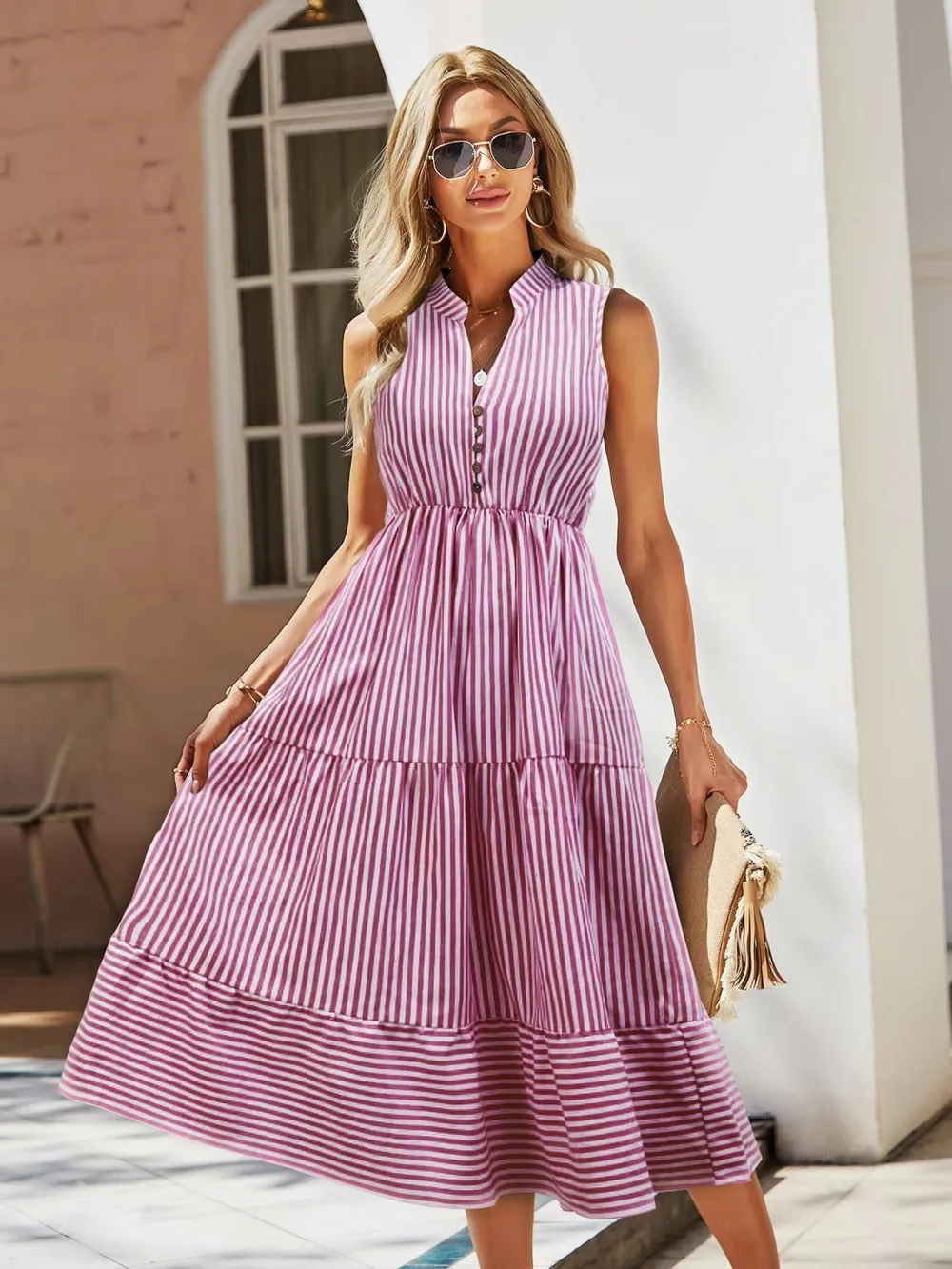 Striped Sleeveless Tiered Midi Dress, image 3