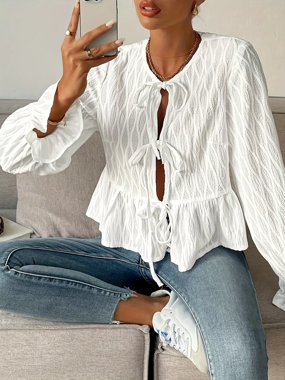 Tie Front Flounce Sleeve Blouse, image 6