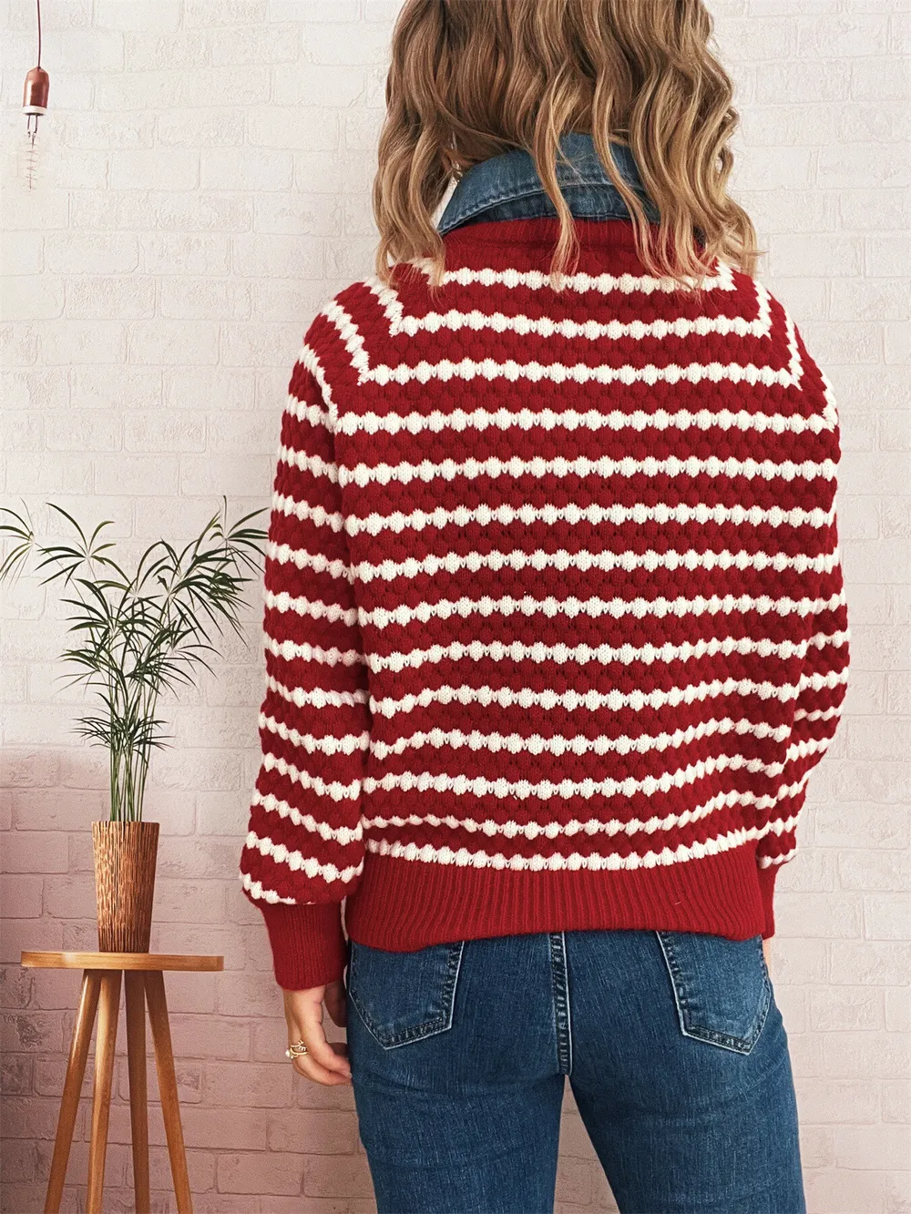 Contrast Striped Sweater with Denim Collar, image 10