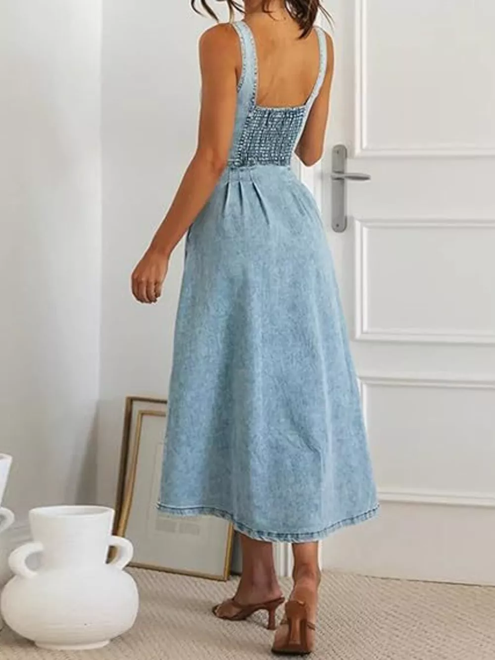 Smocked Back Button Front Denim Midi Dress, image 3
