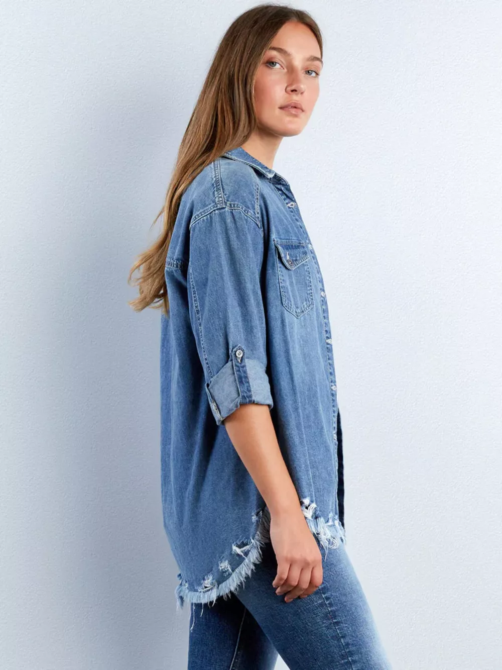 Frayed Hem Roll-Up Sleeve Denim Shirt, image 4