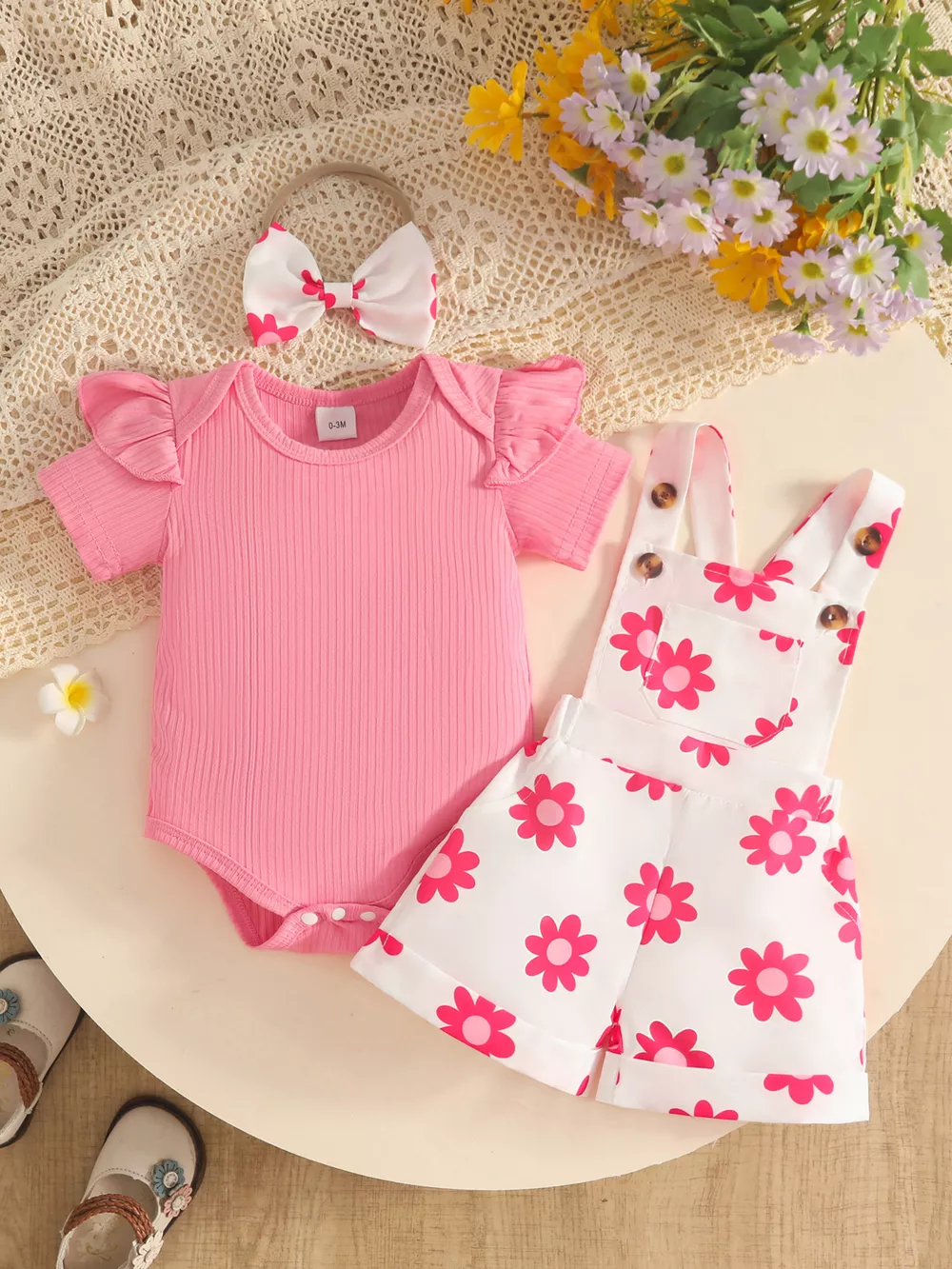 Children's Floral Print Overalls and Ribbed Top Set with Bow Headband, image 2
