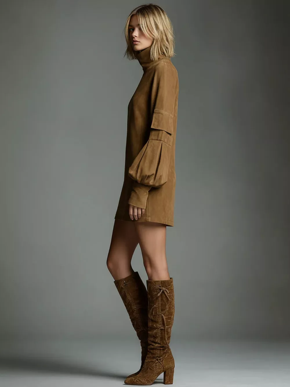 Full Size Suede Turtleneck Lantern Sleeve Mini Dress Plus Size, image 4