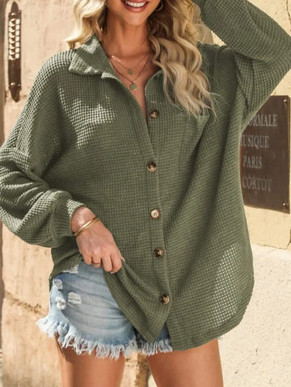 Waffle Knit Button-Down Shirt, image 9
