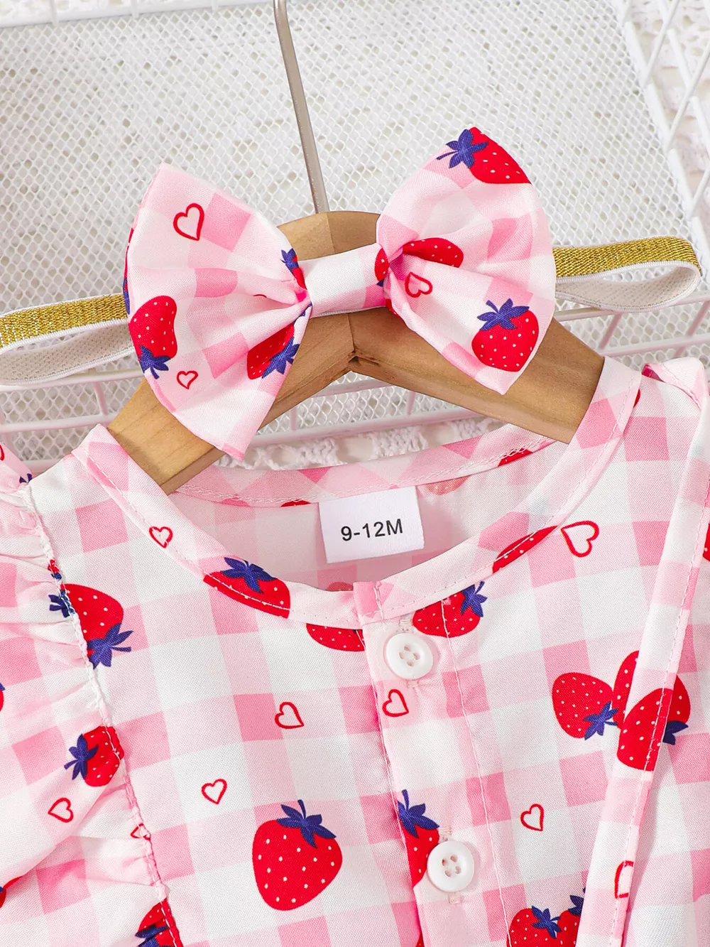 Children's Strawberry Print Ruffle Trim Jumpsuit & Headband Set, image 2