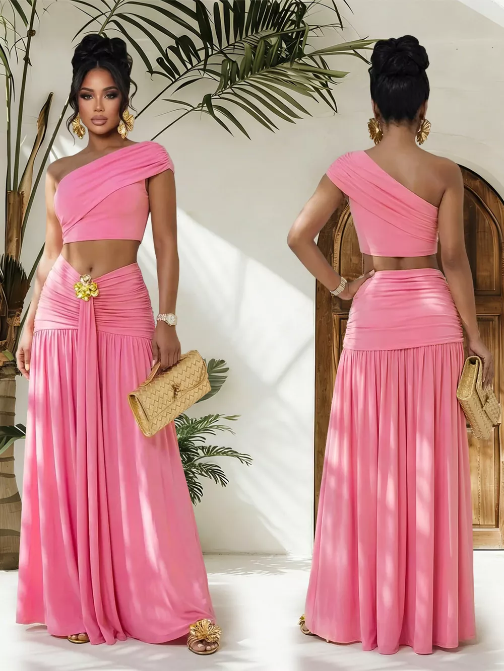 One-Shoulder Top and Ruched Maxi Skirt Set, image 4