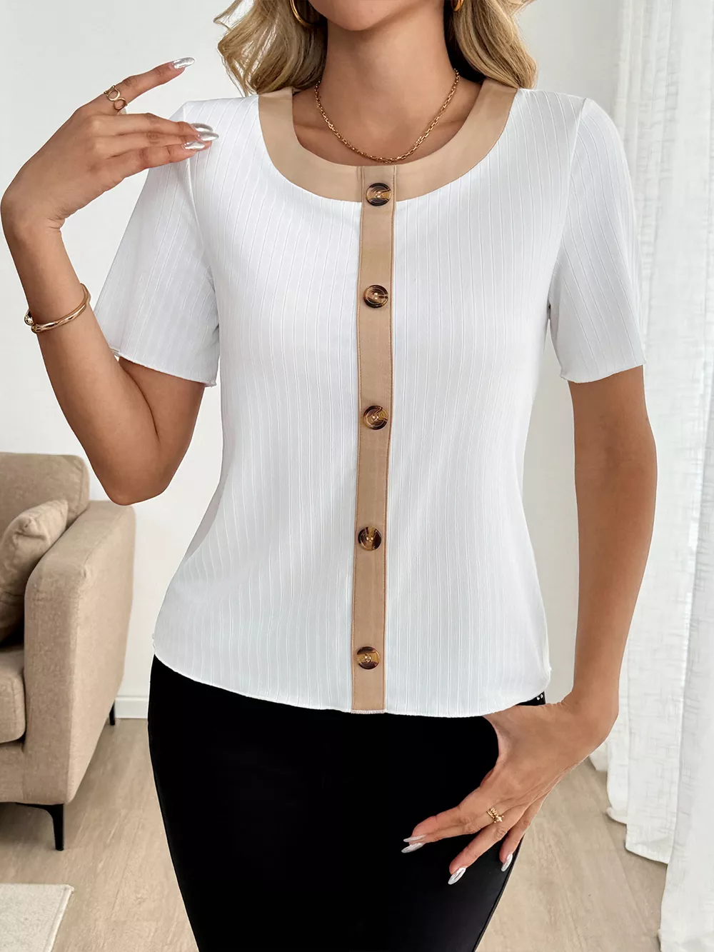 Decor Button Round Neck Short Sleeve Blouse, image 4