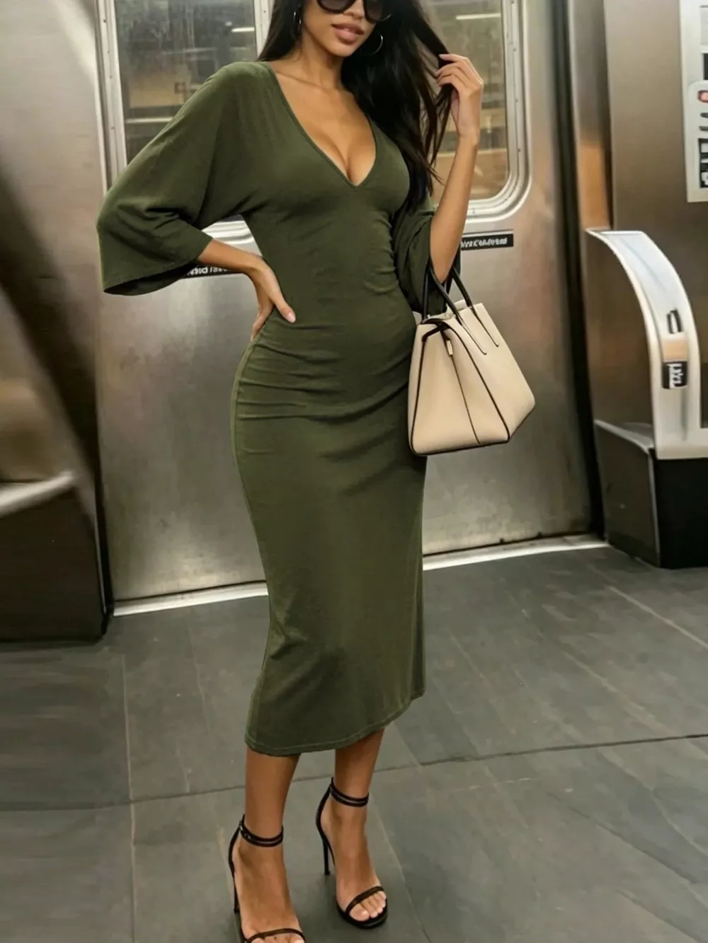 V-Neck Bodycon Midi Dress, image 11