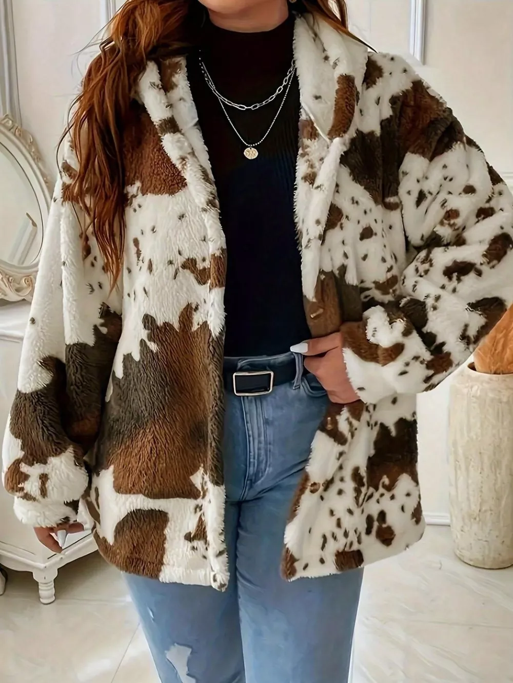 Cow Print Plush Hooded Outerwear, image 4