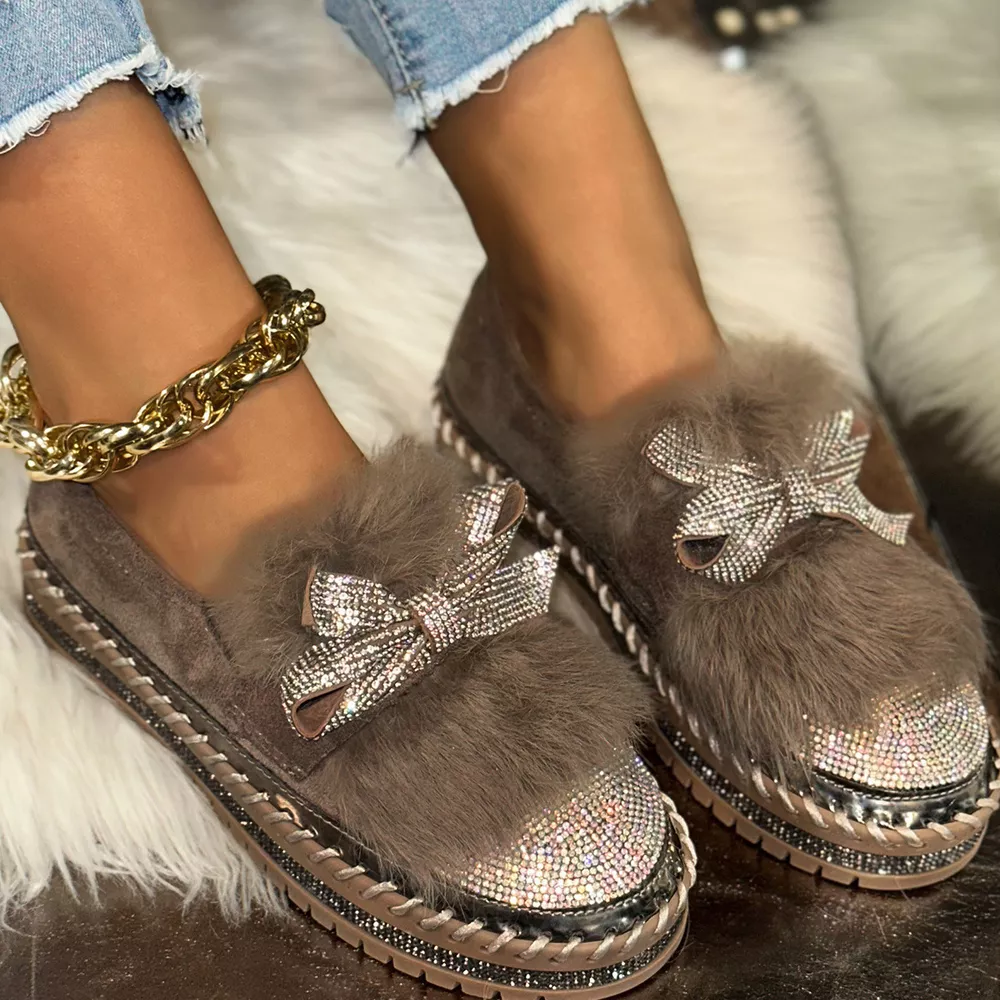 Fuzzy Bowknot Rhinestone Platform Loafers, image 12