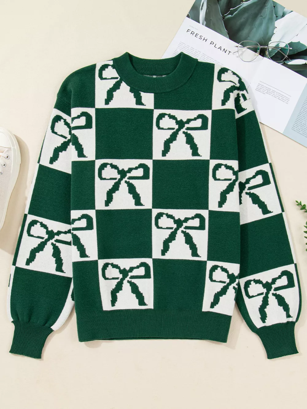 Checkered Bow Round Neck Casual Sweater, image 5