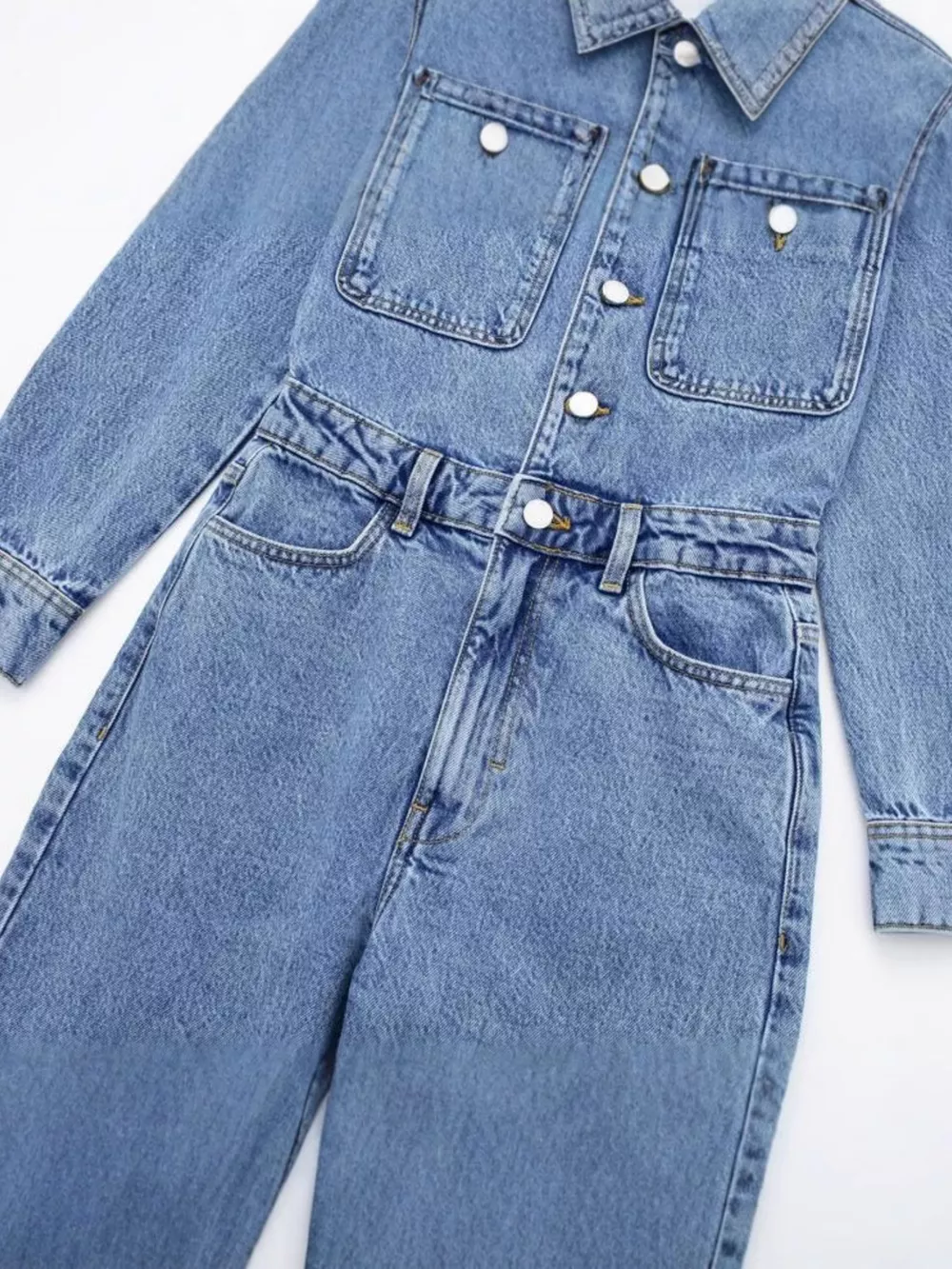 Vintage Wash Long Sleeve Denim Jumpsuit with Button-Down Front, image 6