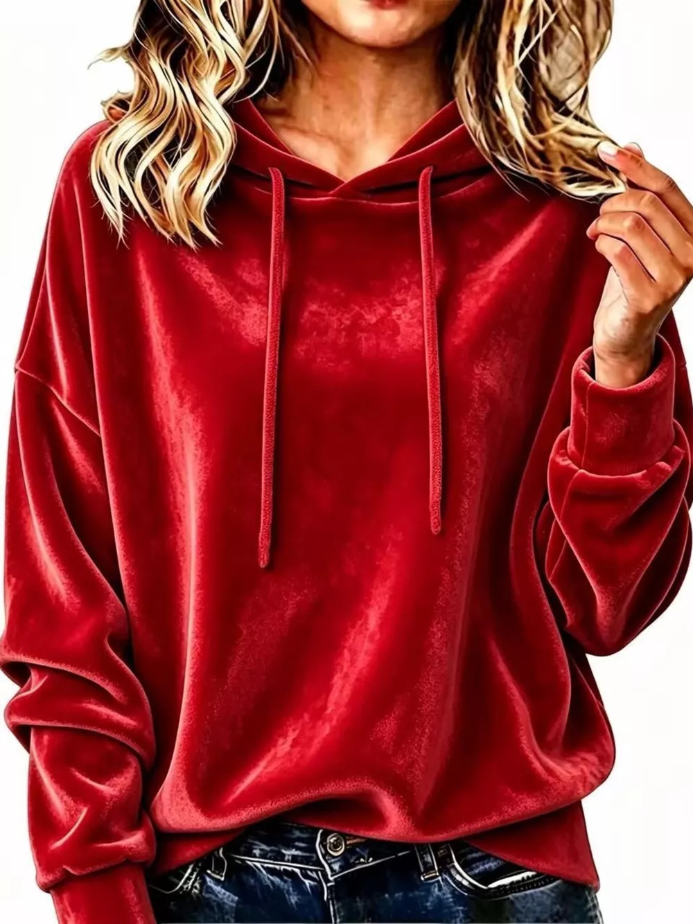 Full Size Drawstring Velvet Long Sleeve Hoodie Plus Size, image 15