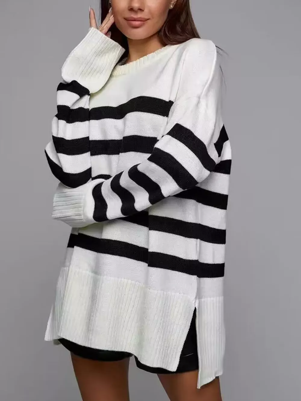 Side Slit Striped Oversized Knit Sweater, image 2