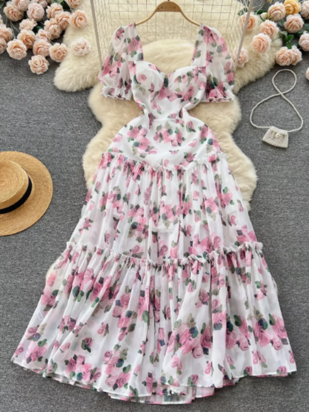 Floral Print Ruffle Hem Midi Dress
