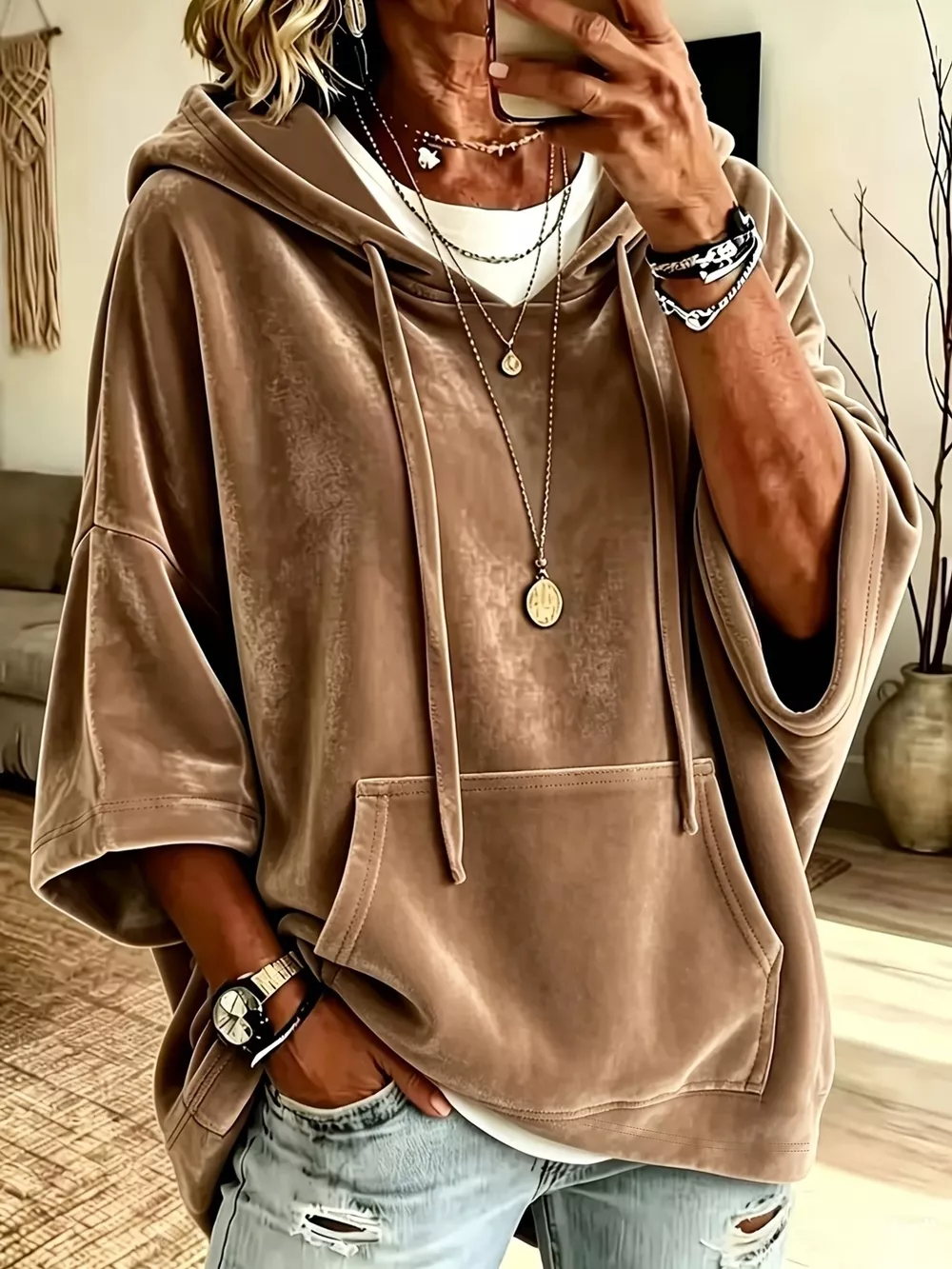 Full Size Velvet 3/4 Sleeve Hoodie with Kangaroo Pocket Plus Size, image 6