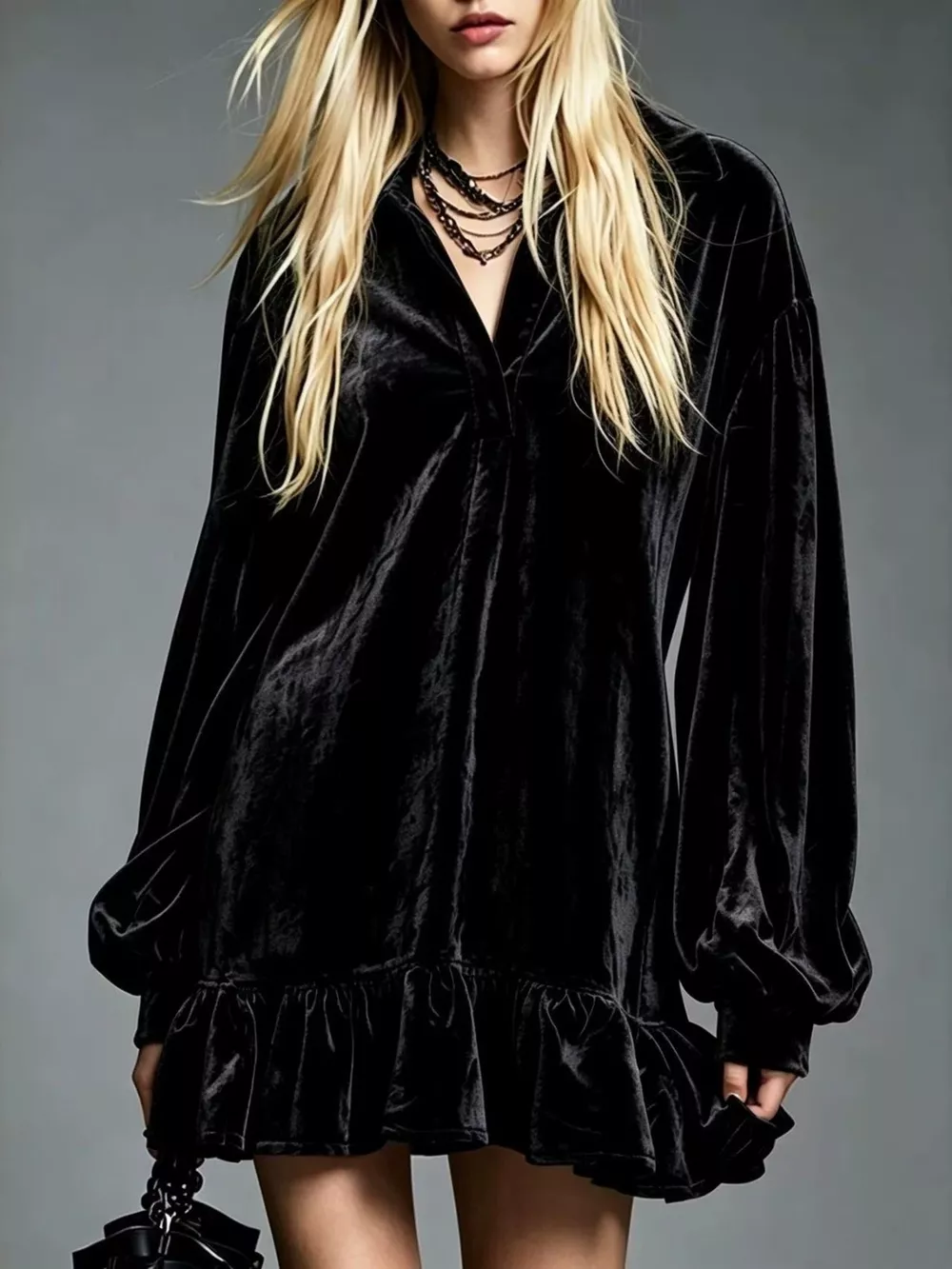 Full Size Velvet Ruffled Hem Long Sleeve Dress Plus Size, image 10