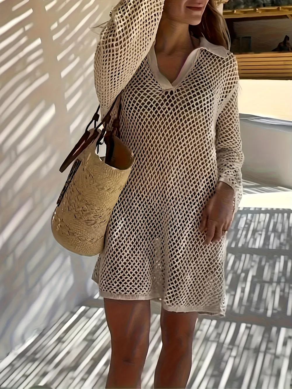 Collared Neck Long Sleeve Knit Cover Up Dress