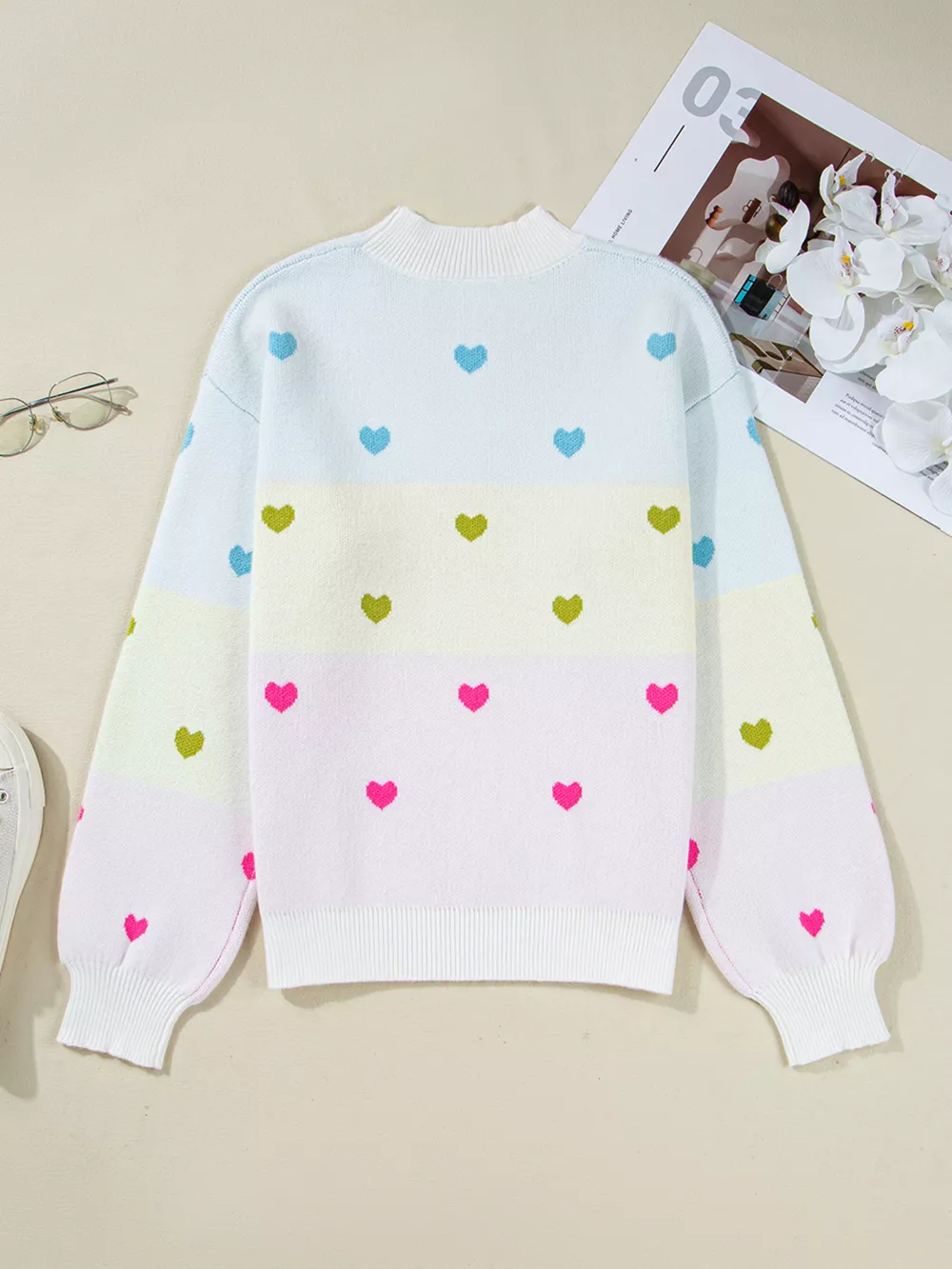 Multicolour Heart Pattern Dropped Shoulder Sweater, image 3