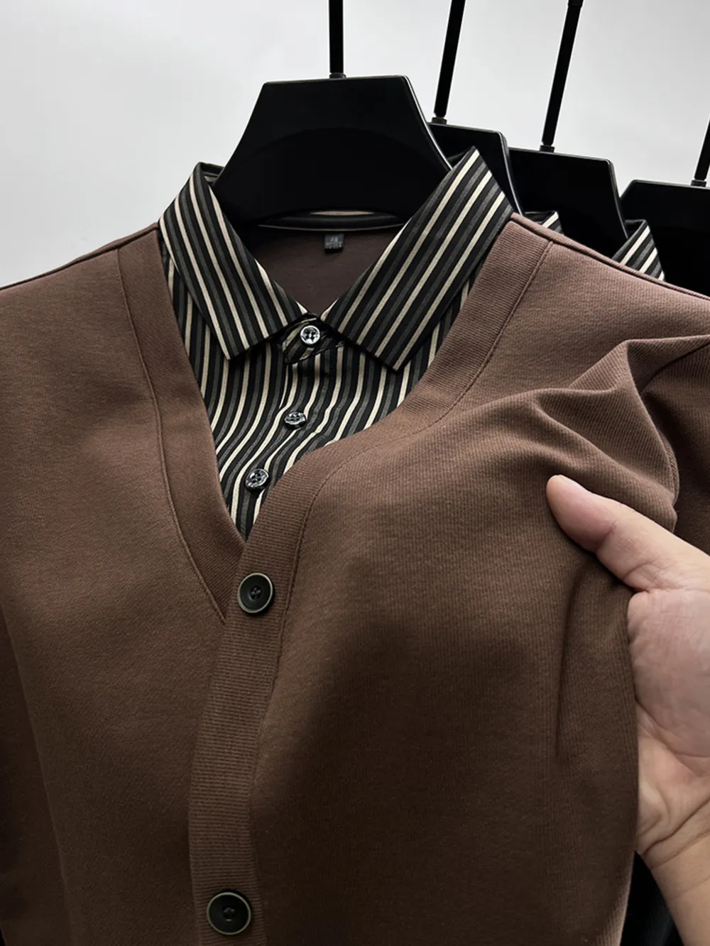 Men's Plus Size Striped Collar Detail Long Sleeve Top, image 5