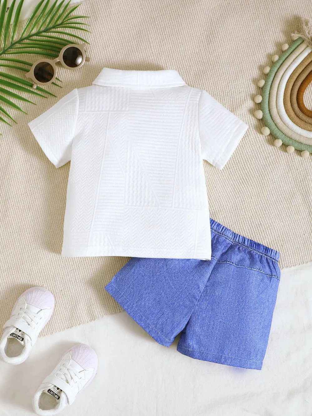 Children's Textured Polo Shirt & Ripped Shorts Set, image 2