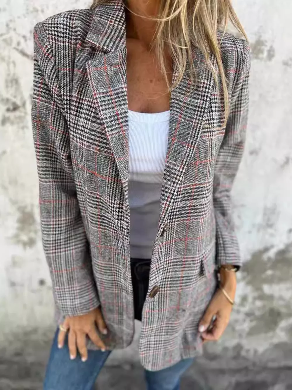 Full Size Plaid Single-Breasted Long Sleeve Blazer Plus Size, image 5