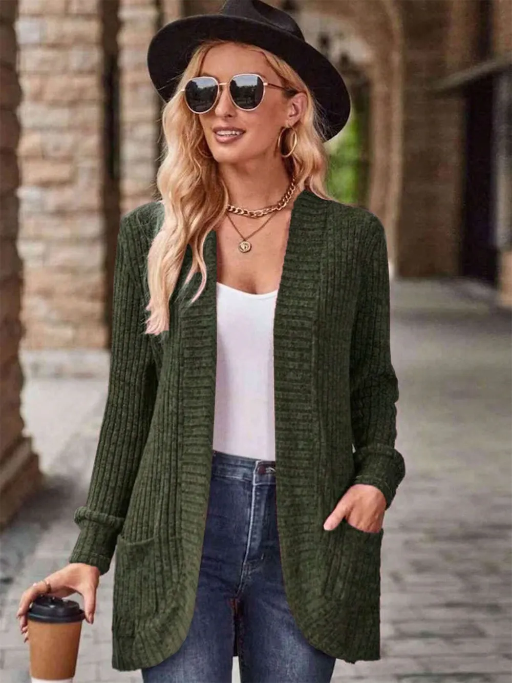 Ribbed Open Front Long Cardigan with Pockets, image 5