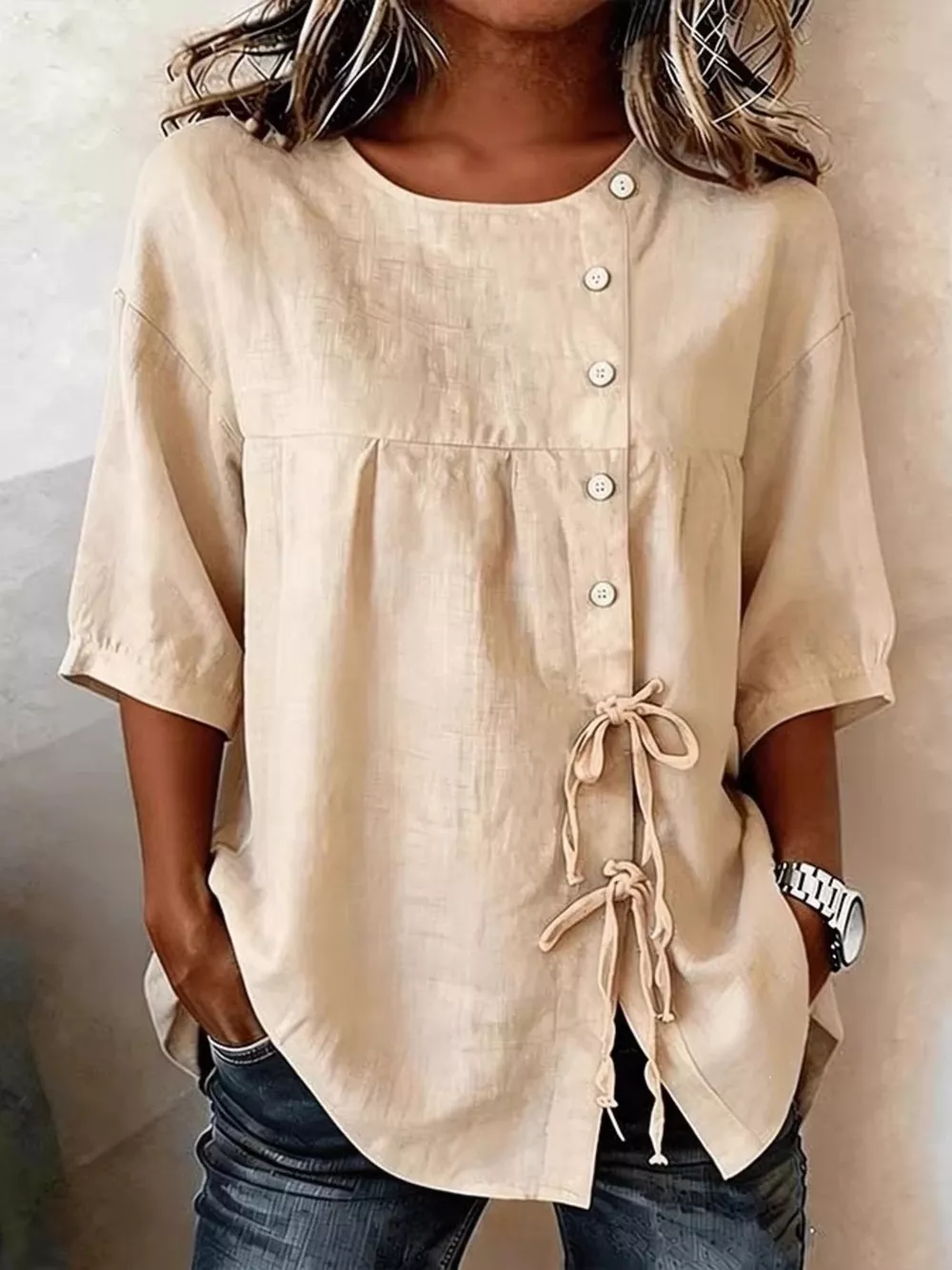 Full Size Decorative Button Tie-Front Blouse Plus Size, image 4