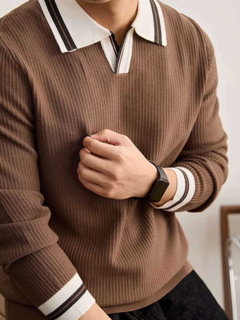 Men's Plus Size Contrast Trim Polo Collar Ribbed Knit Sweater, image 4