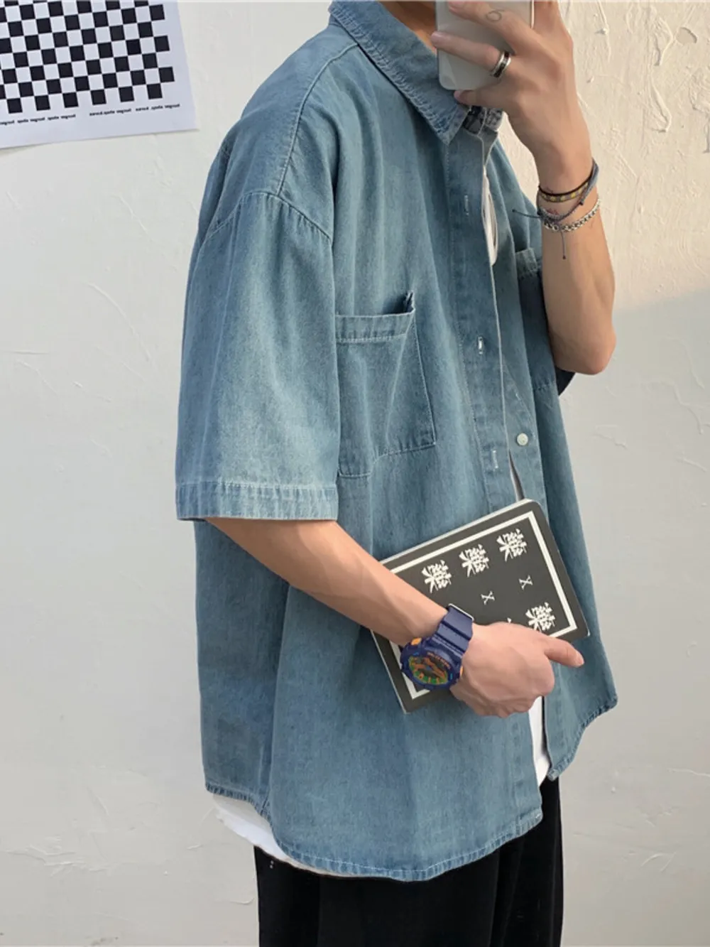 Men's Button Up Short Sleeve Denim Shirt, image 4