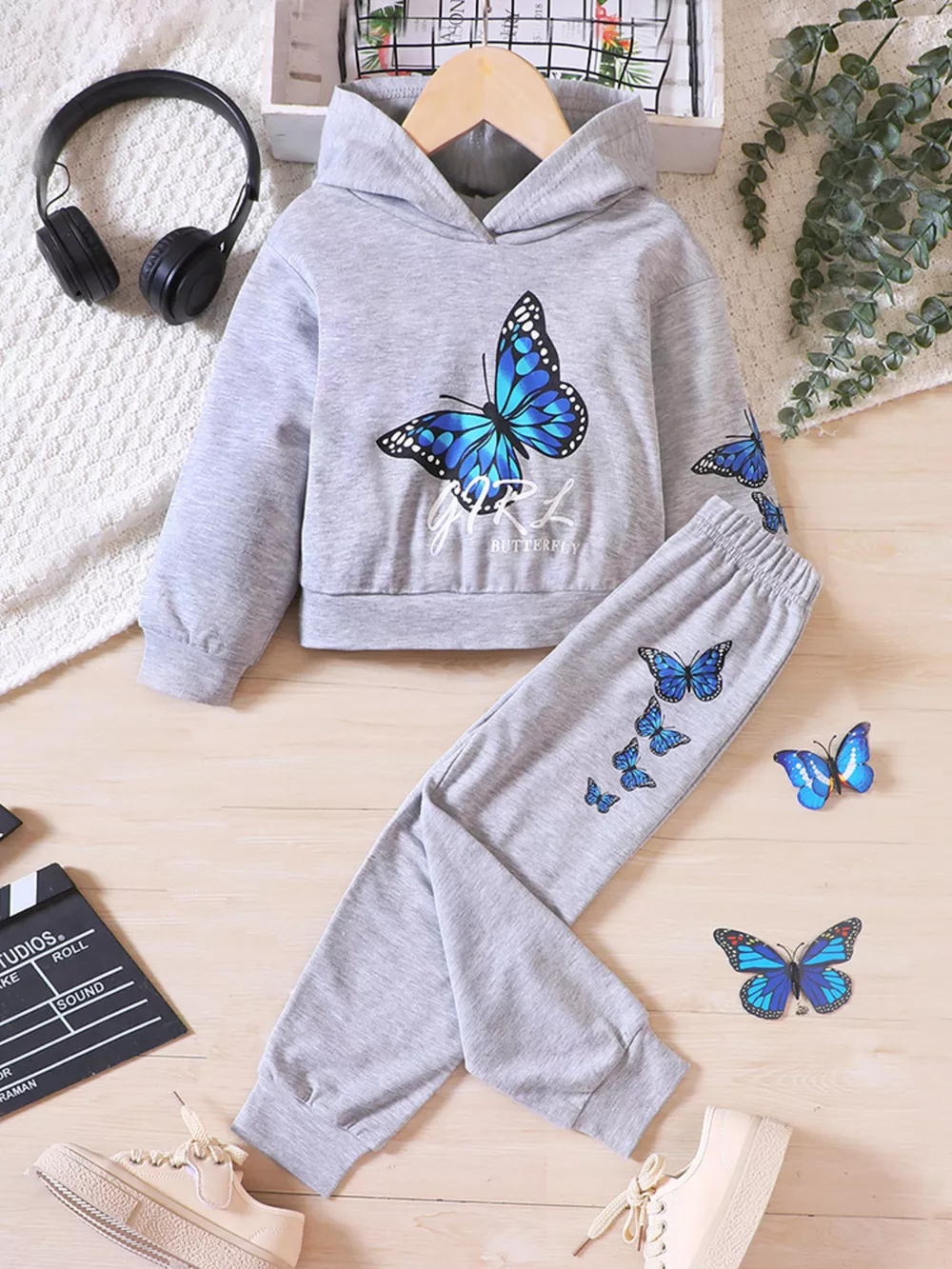 Childrens's Butterfly Print Hoodie & Pants Set, image 2