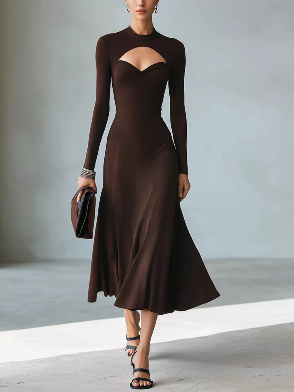 Full Size Mock Neck Cut-Out Long Sleeve Midi Dress Plus Size, image 2