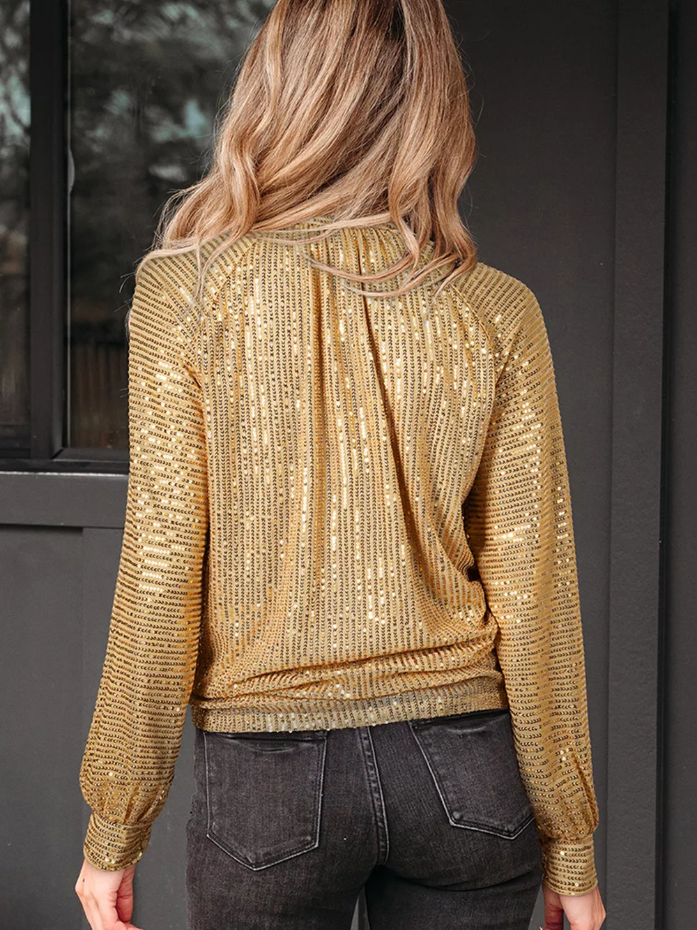 Metallic Balloon Sleeve Buttoned High Neck Loose Blouse, image 4