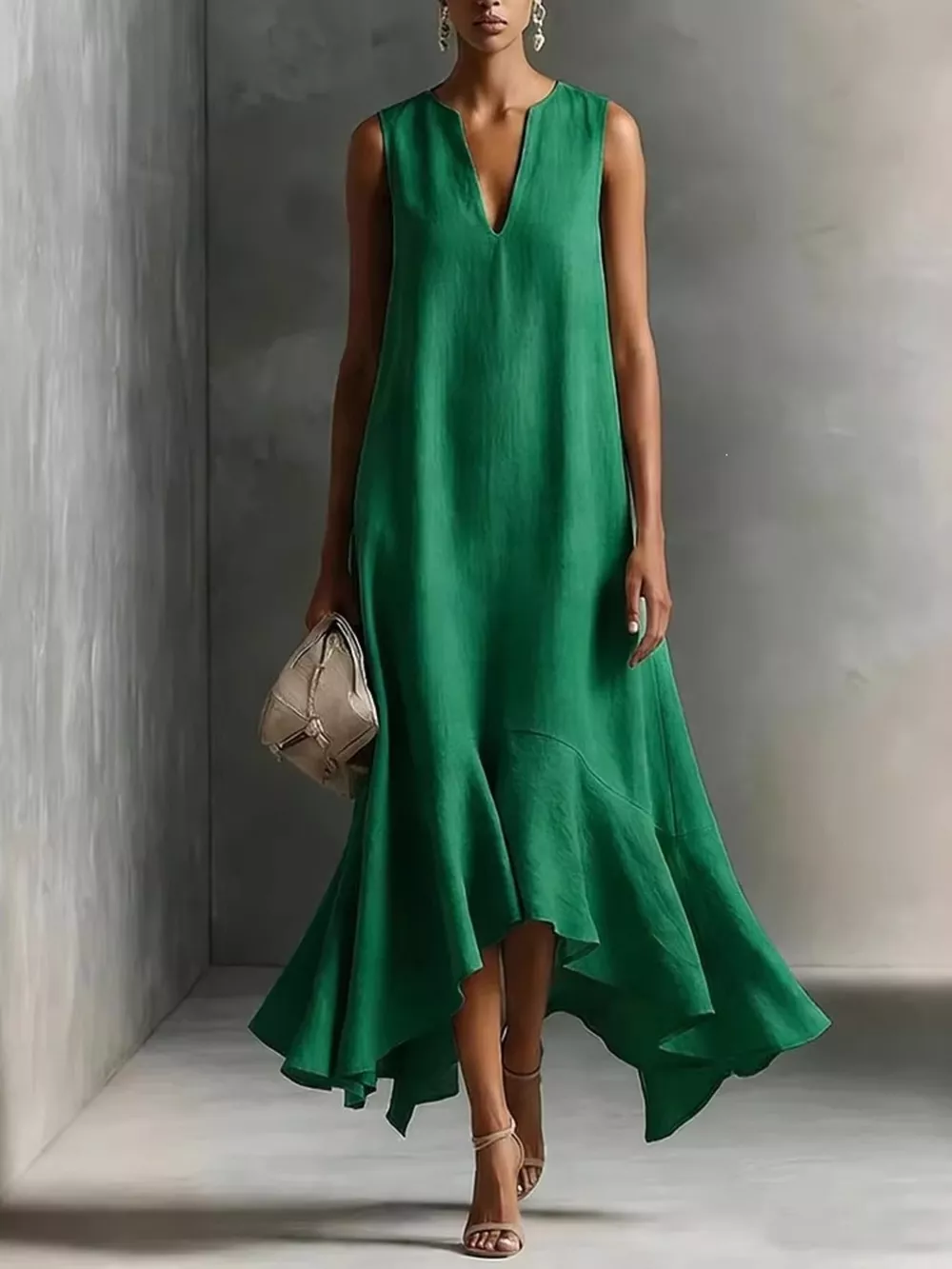 Ruffled Hem Sleeveless Notched Dress, image 4
