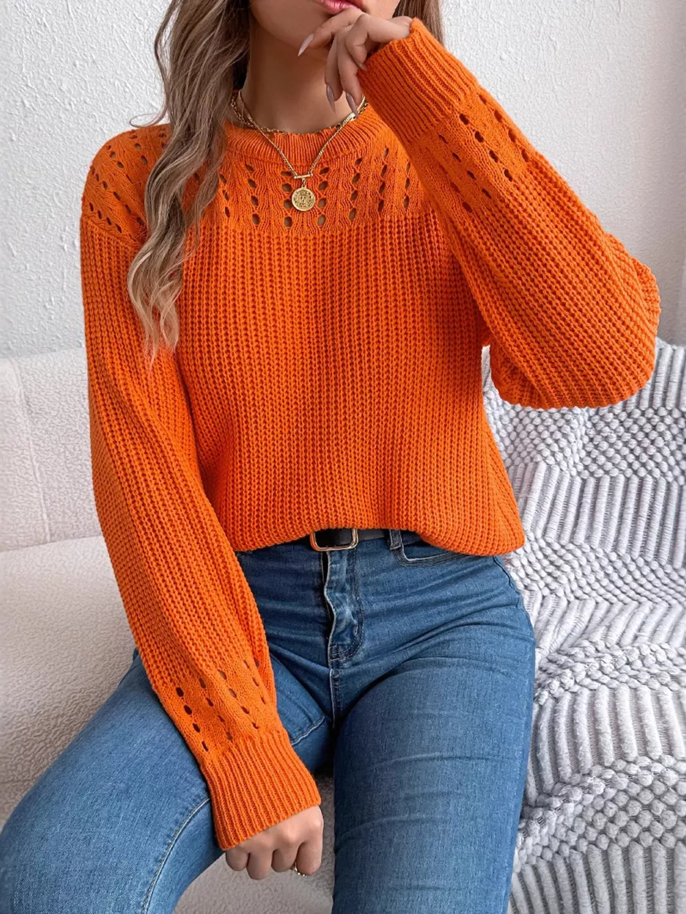 Openwork Round Neck Long Sleeve Sweater, image 8