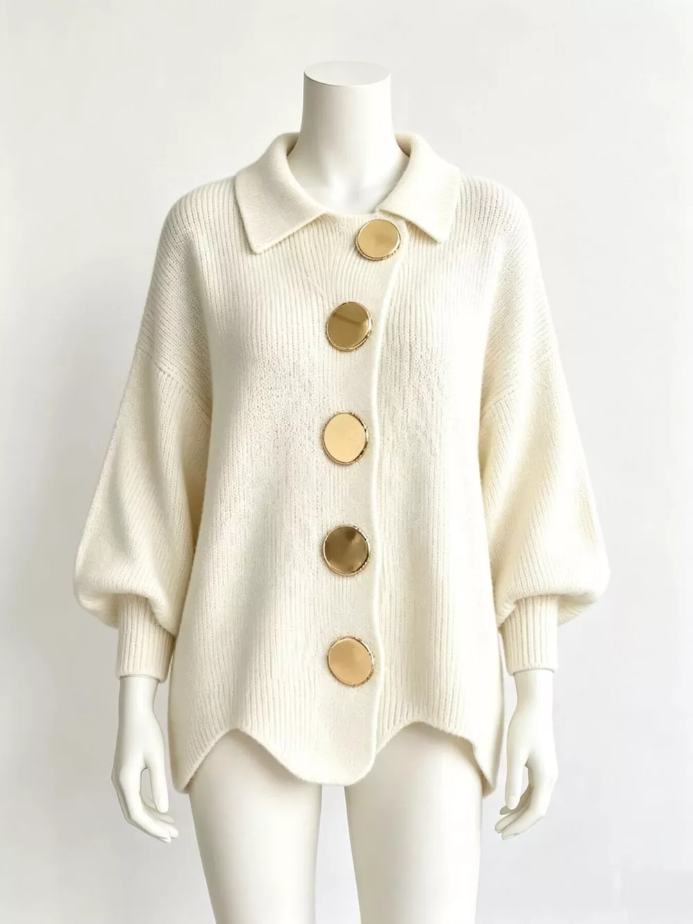 Full Size Collared Wavy Hem Knit Cardigan with Metal Button Plus Size, image 4