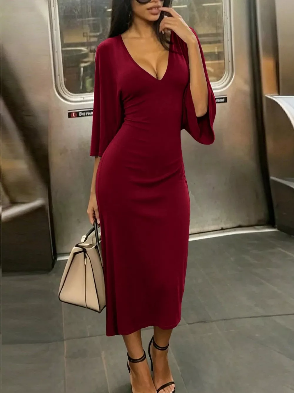V-Neck Ruched Bodycon Midi Dress with Kimono Sleeves, image 20