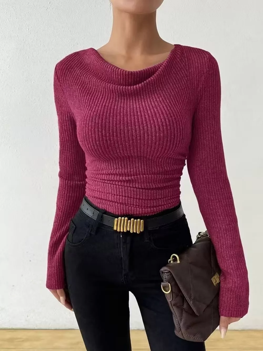 Cowl Neck Ribbed Knit Top, image 4