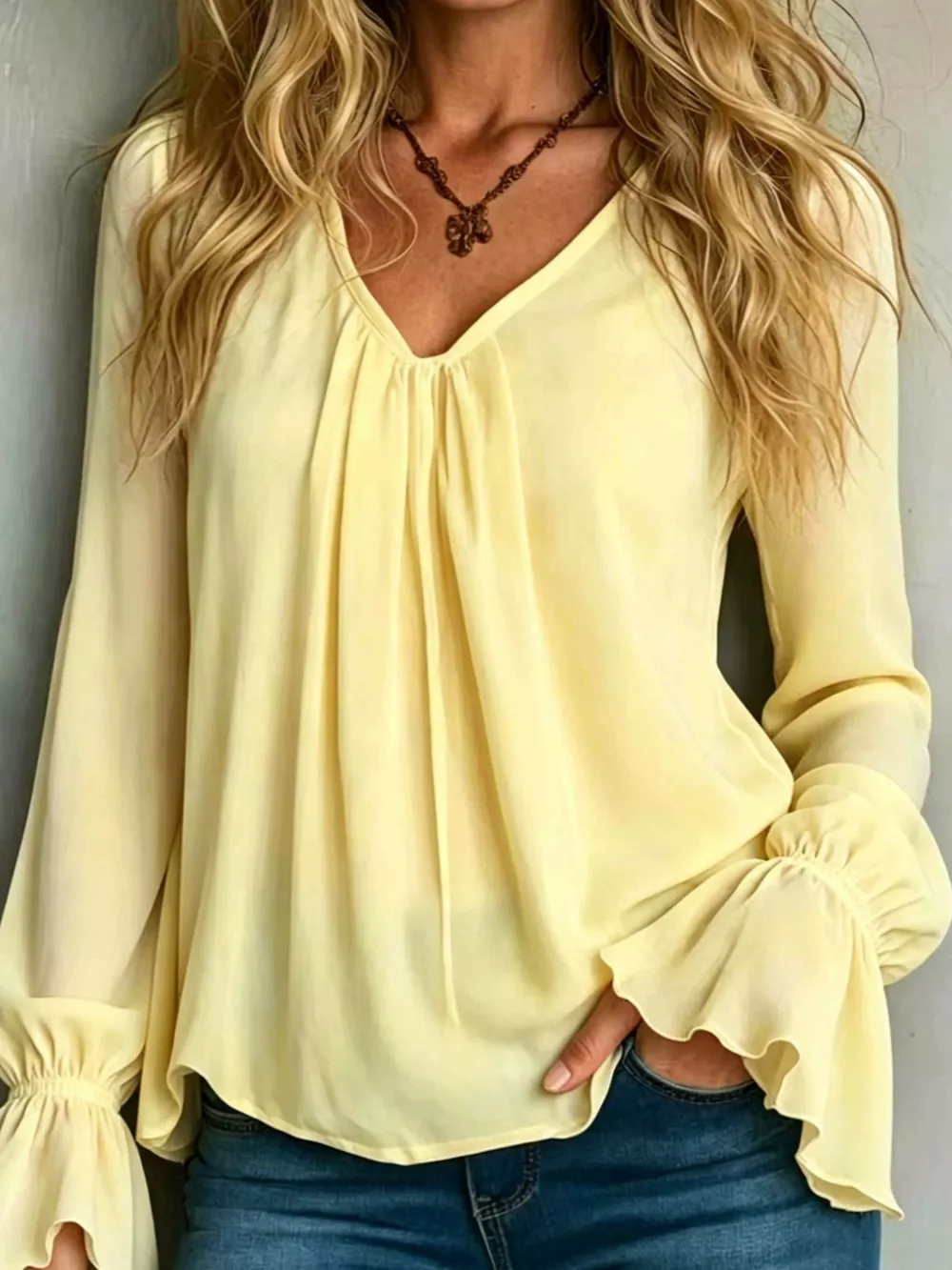 V-Neck Flounce Sleeve Blouse, image 4