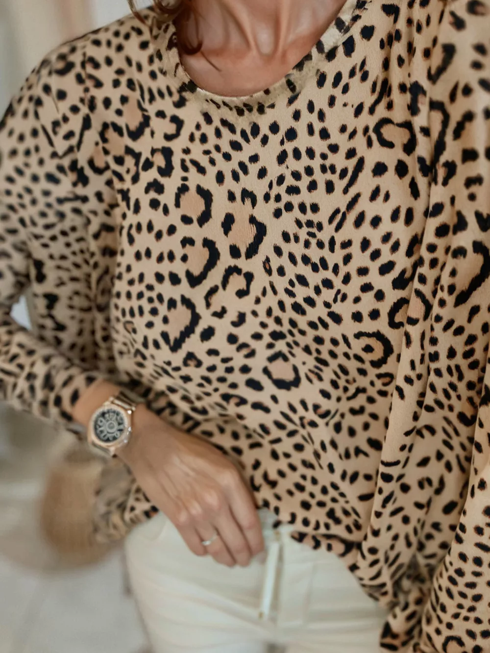 Leopard Round Neck Long Sleeve T-Shirt, image 3