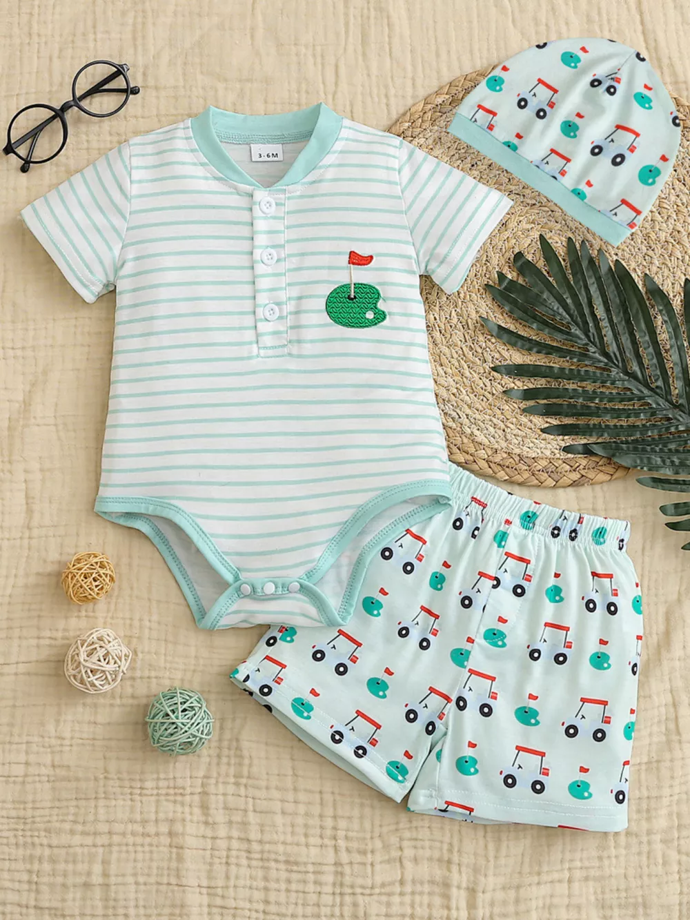 Children's Striped Short Sleeve Bodysuit and Shorts Set with Hat